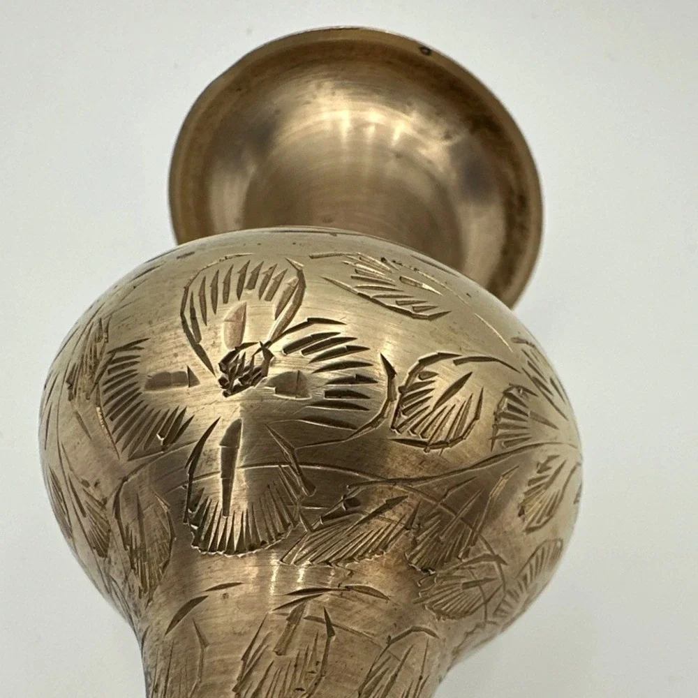 Vintage Brass Bud Vase Pedestal Base Etched Floral Leaf Boho Accent Decor 5